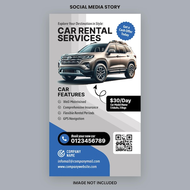 Service de location de voiture ou location de voiture ou location de voiture flyer publication sur les réseaux sociaux et modèle d'histoire Rent A Car