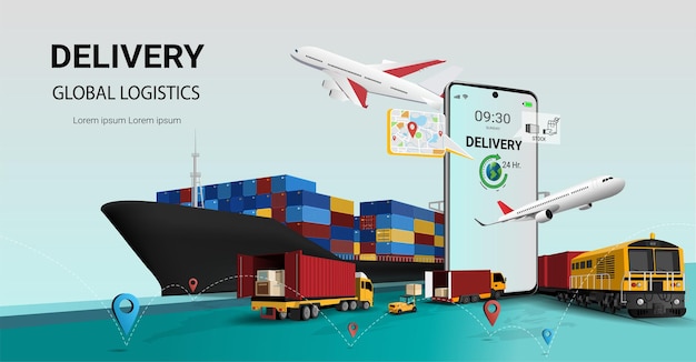 Service logistique mondial de livraison d'affaires en ligne sur mobile Logistique mondiale de transport ferroviaire de fret par train Navire de fret avion camion entrepôt transport de conteneurs illustration vectorielle 3d