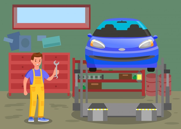 Vecteur service de maintenance automobile, illustration de l'atelier