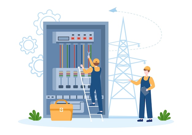 Vecteur service de maintenance de l'énergie d'éclairage et d'électricité du technicien travaux électriques sur l'illustration