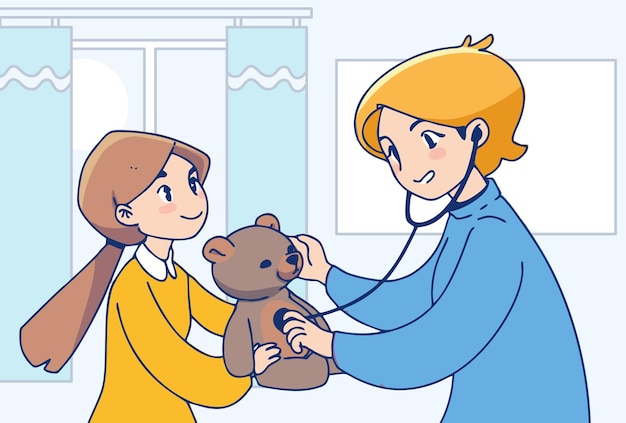 Service Médical. Illustration De Petite Fille Et Infirmière