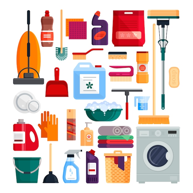 Service de nettoyage. Définir les outils de nettoyage de maison isolés sur fond blanc. Produits détergents et désinfectants, équipement ménager pour le lavage.