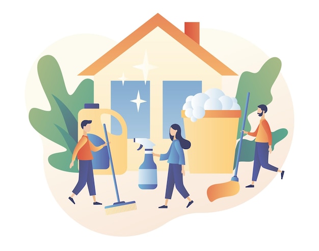 Service de nettoyage De minuscules personnes nettoient la maison avec des outils de nettoyage Service d'hygiène professionnel