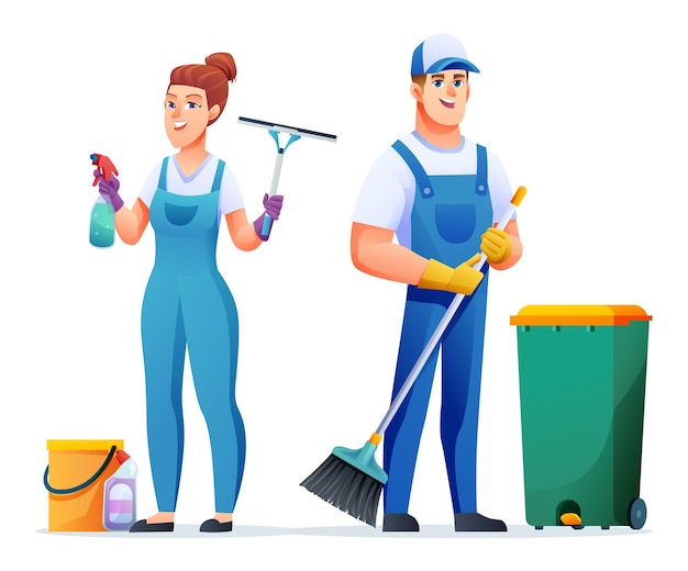 Vecteur service de nettoyage personnages homme et femme personnel de nettoyage professionnel concierges personnage de dessin animé