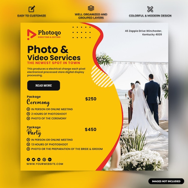 Vecteur service photo et vidéo modèle de bannière web de publication sur les médias sociaux instagram vecteur premium
