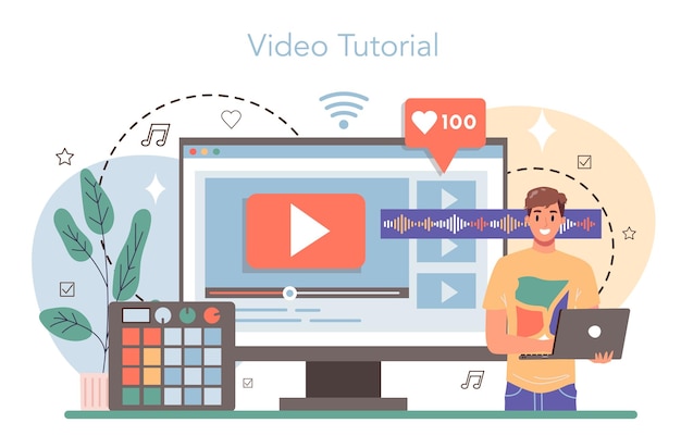 Service Ou Plate-forme En Ligne D'ingénieur Du Son Enregistrement Sonore De L'industrie De La Production Musicale Avec Un équipement De Studio Tutoriel Vidéo Illustration Vectorielle à Plat