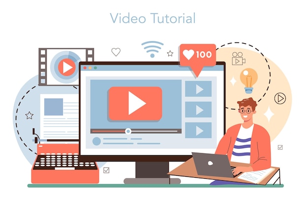 Service ou plate-forme en ligne de scénariste Dramaturge créer un scénario pour le film Auteur écrivant un nouveau scénario Tutoriel vidéo Illustration vectorielle isolée