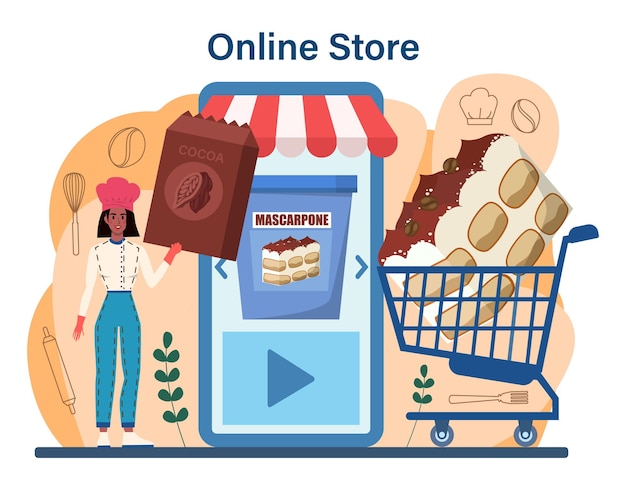 Service ou plateforme en ligne de desserts au tiramisu. Les gens cuisinent de délicieux gâteaux italiens. Douce tranche de boulangerie de restaurant. Boutique en ligne. Illustration vectorielle plane