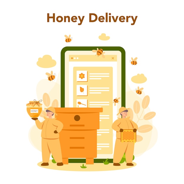 Service ou plateforme en ligne d'Hiver ou d'apiculteur. Agriculteur professionnel avec ruche et miel. Livraison de miel en ligne. Ouvrier rucher, apiculture et production de miel. Illustration vectorielle