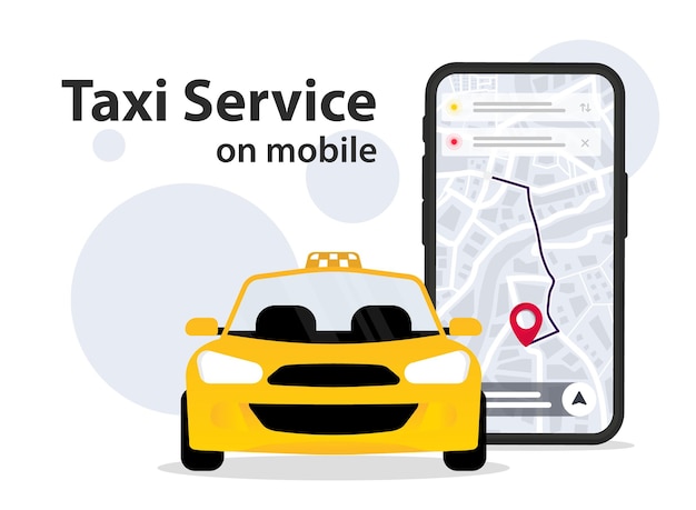 Service de taxi Application de service de taxi sur le screenmobile Commande en ligne de voiture de taxi Écran de smartphone avec itinéraire et emplacement des points sur un plan de la ville Voiture jaune Illustration vectorielle
