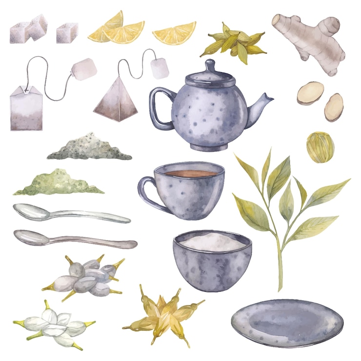 Vecteur service à thé d'illustration à l'aquarelle pour l'emballage de thé design et les ustensiles de cuisine.