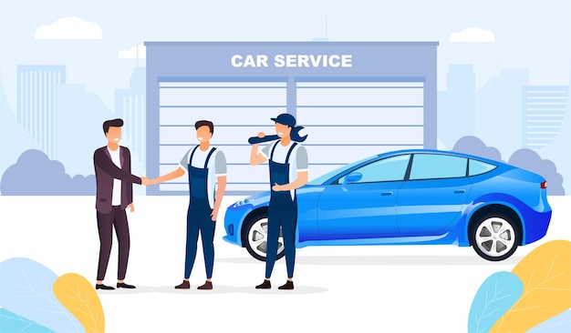 Service de voiture dans un atelier d'entretien avec le propriétaire d'un véhicule se serrant la main avec des mécaniciens de couleur
