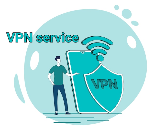 Vecteur service vpn une personne un smartphone et un bouclier avec un symbole vpn