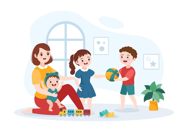 Services de baby-sitter ou de nounou pour s'occuper des besoins de bébé et jouer avec des enfants sur une illustration plate