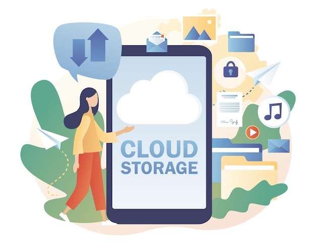 Services de cloud computing dans l'application pour smartphone Stockage dans le cloud Traitement des données Petite femme place des données