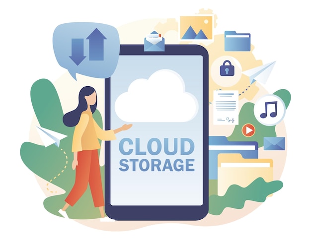 Services De Cloud Computing Dans L'application Pour Smartphone Stockage Dans Le Cloud Traitement Des Données Petite Femme Place Des Données