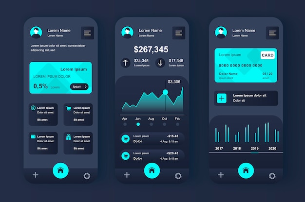 Services financiers kit néomorphique unique pour application mobile. Écran bancaire en ligne avec graphiques et analyses financières. Interface de gestion des finances, ensemble de modèles UX. GUI pour une application mobile réactive
