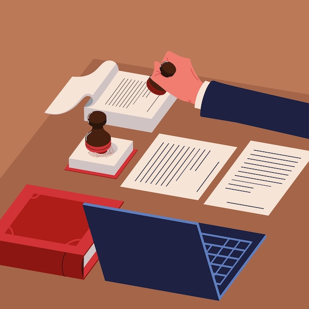 Services notariaux tamponnant le document juridique