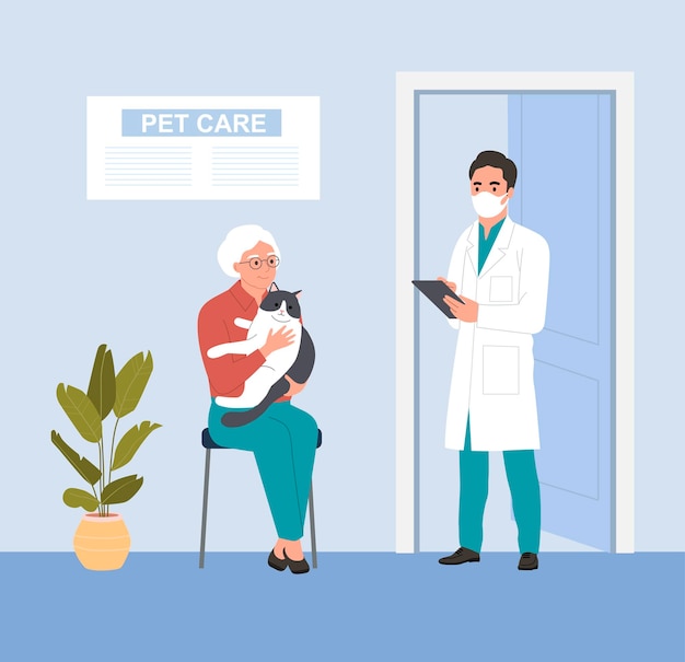 Services vétérinaires. Femme âgée tenant un chat malade au cabinet vétérinaire. Illustration vectorielle plane