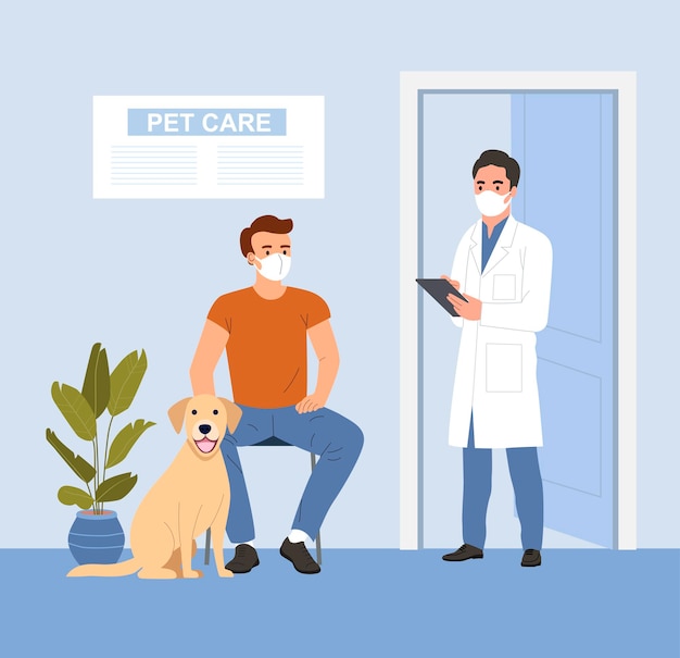 Services vétérinaires. Jeune homme assis avec un chien malade au cabinet vétérinaire. Illustration vectorielle plane
