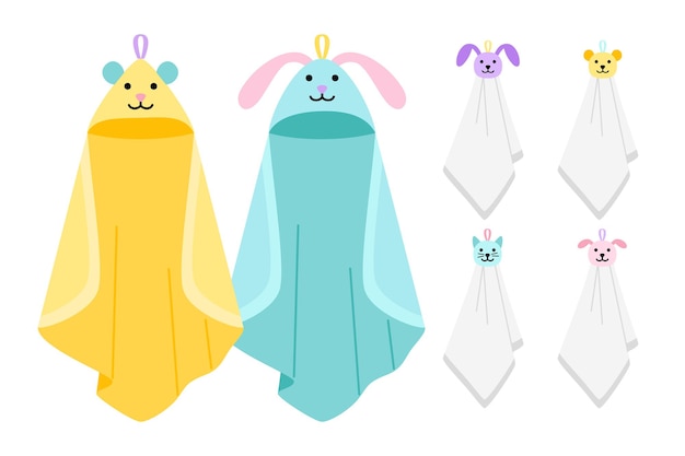 Serviettes Pour Enfants Animaux Drôles. Tissu Suspendu Mignon Dessin Animé Enfantin Pour Bain Avec Des Visages D'animaux, Serviettes De Bébé En Coton Pour Spa Ou Cuisine, Articles De Nettoyage Pour Enfants Illustration Vectorielle Sur W