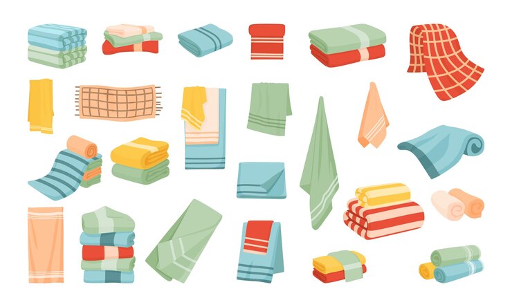 serviettes pour salle de bain ensemble d'illustration vectorielle collection de textiles de dessins animés avec tissu roulé serviettes de toilette et de toilette pour le visage accrochées à un rail suspendu en rouleau ou en pile isolé sur blanc