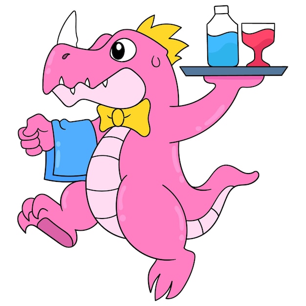 Les Serviteurs De Dinosaures Sont Partis Avec Des Boissons à Servir, Illustration Vectorielle Art. Doodle Icône Image Kawaii.