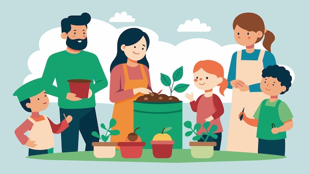 Vecteur une session éducative sur le compostage et le jardinage biologique avec des familles qui créent leur propre jardin