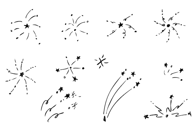 Set 11 Croquis De Dessin à La Main De Vecteur De Feu D'artifice Isolé Sur Blanc