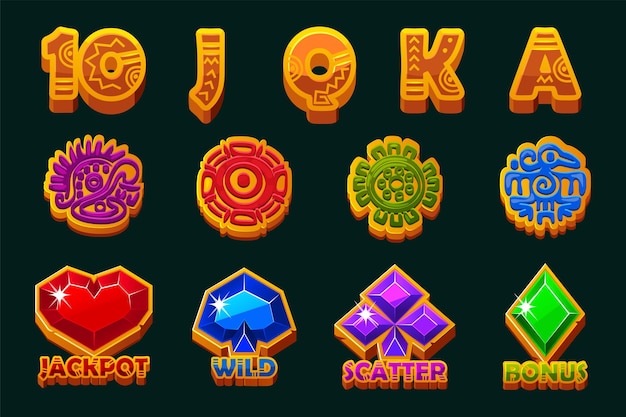 Set de 12 symboles de fente thème maya ou aztèque élément Ui pour le jackpot dans le jeu Style Icons pour les jeux 2D et Casino ou fentes éléments graphiques pour le développement de machines à sous