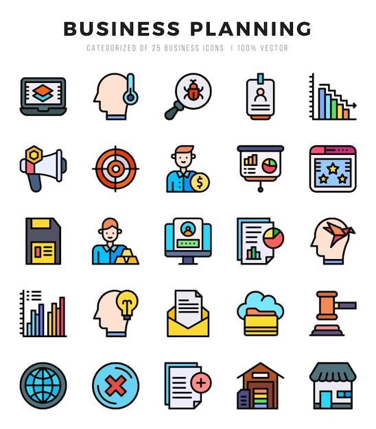 Vecteur set de 25 icônes de couleurs linéaires de planification d'affaires