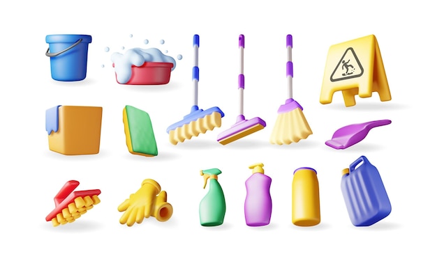 Set 3D d'outils de nettoyage à domicile isolés