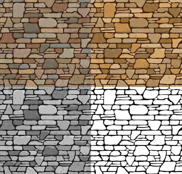 Vecteur set 4 seamless grunge stone brick wall texture avec diverses variantes de couleur. illustration vectorielle.