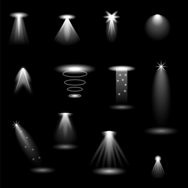 Set Abstract Collection Lights Spotlight Glow Light Flare Shine Flashs On A Dark Background Vector