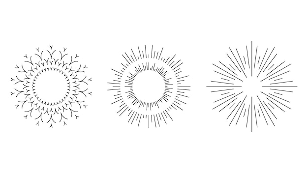 Set Abstract Collection Round Circles Starburst Sunburst Sunset Black Line Doodle Design Elements