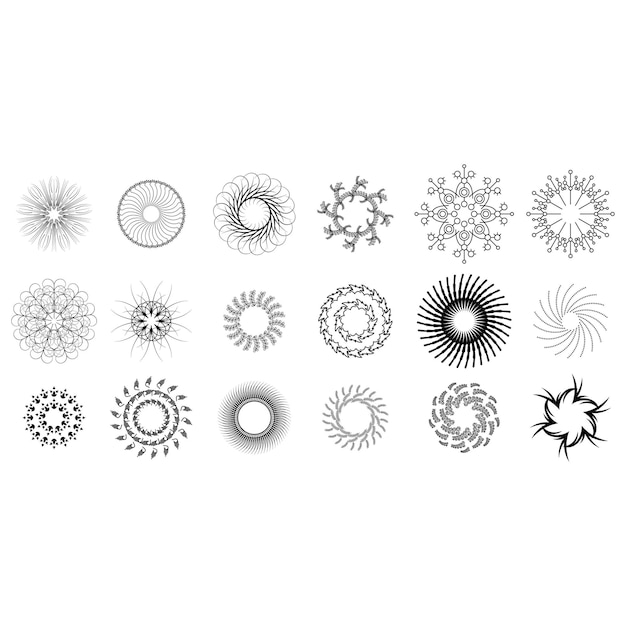 Set Abstract Collection Round Circles Starburst Sunburst Sunset Black Line Doodle Design Elements