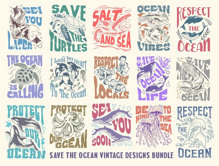 Set d'affiches graphiques de sauvetage de l'océan et de l'environnement