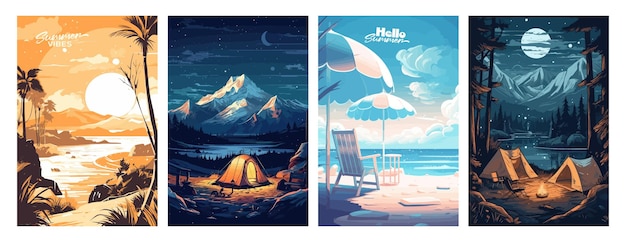 Set d'affiches d'illustration vectorielle de vacances d'été avec paysage au bord de la mer, chaise solaire, femme en vacances, camping et feu, style rétro et moderne pour une carte de vœux