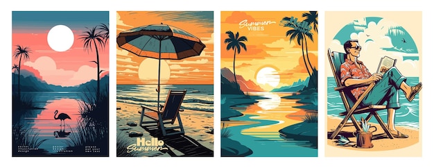 Set d'affiches d'illustration vectorielle de vacances d'été avec paysage au bord de la mer femme au lit de soleil en vacances coucher de soleil d'été style rétro et moderne pour une carte de vœux