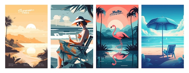 Set D'affiches D'illustration Vectorielle De Vacances D'été Avec Paysage Au Bord De La Mer Femme Au Lit De Soleil En Vacances Coucher De Soleil D'été Style Rétro Et Moderne Pour Une Carte De Vœux