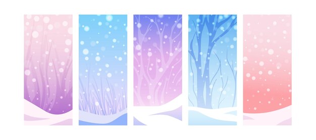 Vecteur set d'affiches de neige de gradient d'hiver arrière-plans enneigés avec des arbres et des chutes de neige bleu clair violet