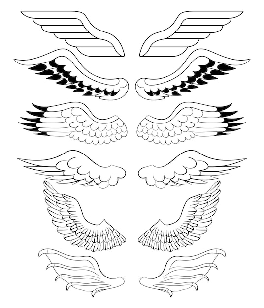 Vecteur set d'ailes d'ange et de démon héraldiques, illustration de contour vectoriel