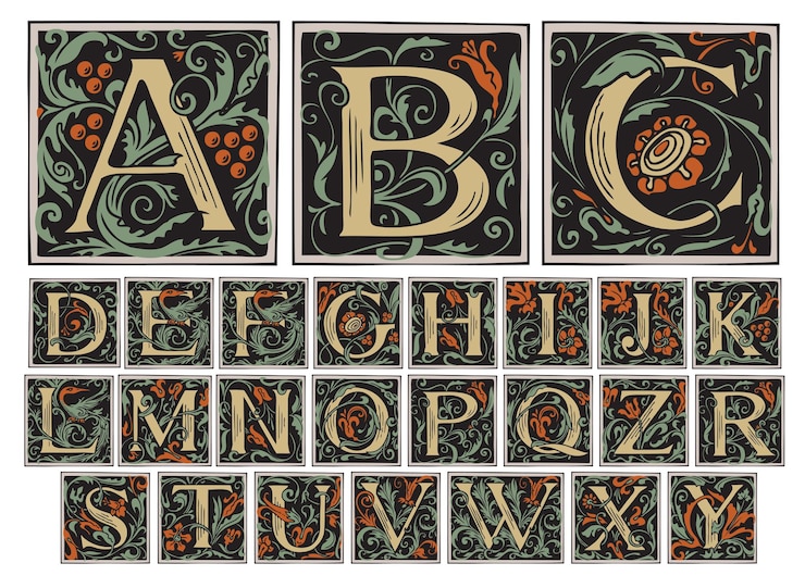 Vecteur set d'alphabet vintage avec ornement floral