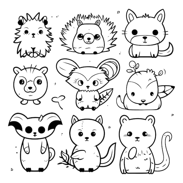 Vecteur set d'animaux de dessins animés mignons illustration vectorielle dessinée à la main pour livre à colorier