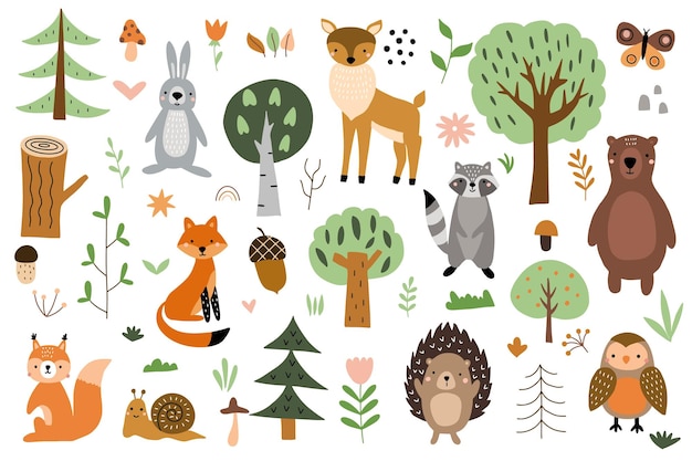 Set D'animaux De La Forêt Mignons Avec Des éléments De La Nature Sur Un Fond Blanc Illustration Vectorielle Pour Vous