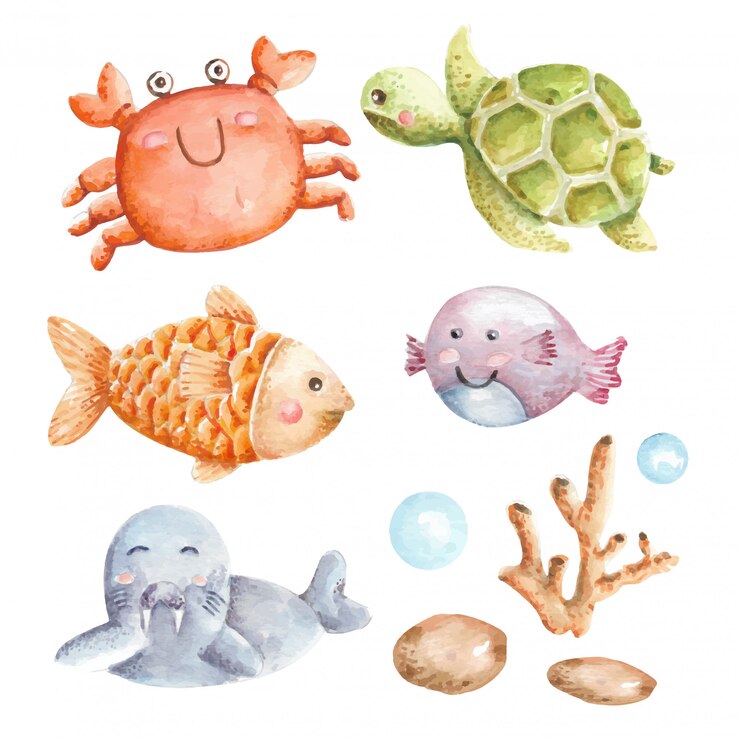 Vecteur set aquarelle d'animaux sous-marins
