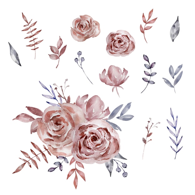 Set D'aquarelle De Bouquets De Roses Sombres