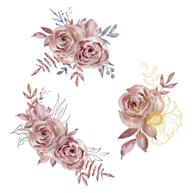 Vecteur set d'aquarelle de bouquets de roses sombres