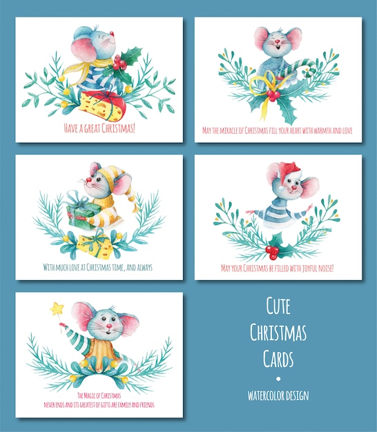 Set Aquarelle De Cartes De Noël Mignonnes Avec Des Personnages De Souris