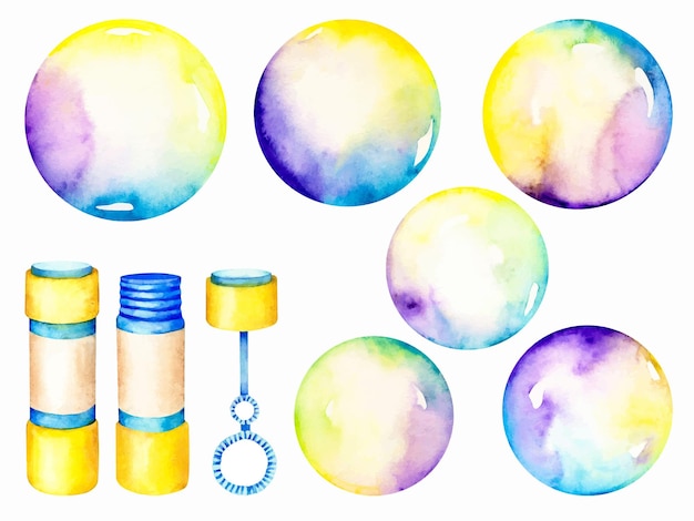 Vecteur set d'aquarelle dessiné à la main d'un souffleur de bulles de savon isolé sur un fond blanc